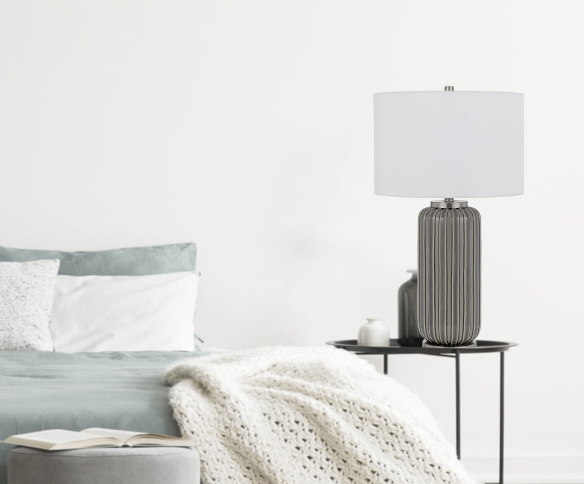 29" Gray Metal Cylinder Table Lamp with White Drum Shade - Modern Desi