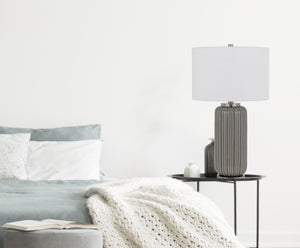 HomeRoots 29" Gray Metal Cylinder Table Lamp with White Drum Shade - Modern Design, Dimmable Light & Versatile Style 524729