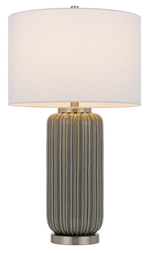 HomeRoots 29" Gray Metal Cylinder Table Lamp with White Drum Shade - Modern Design, Dimmable Light & Versatile Style 524729