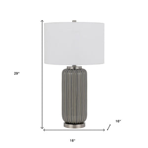 HomeRoots 29" Gray Metal Cylinder Table Lamp with White Drum Shade - Modern Design, Dimmable Light & Versatile Style 524729