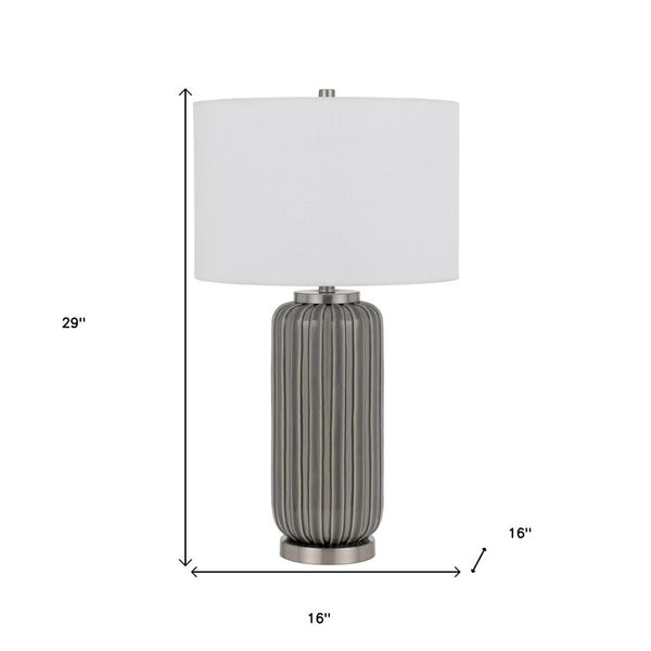 HomeRoots 29" Gray Metal Cylinder Table Lamp with White Drum Shade - Modern Design, Dimmable Light & Versatile Style 524729