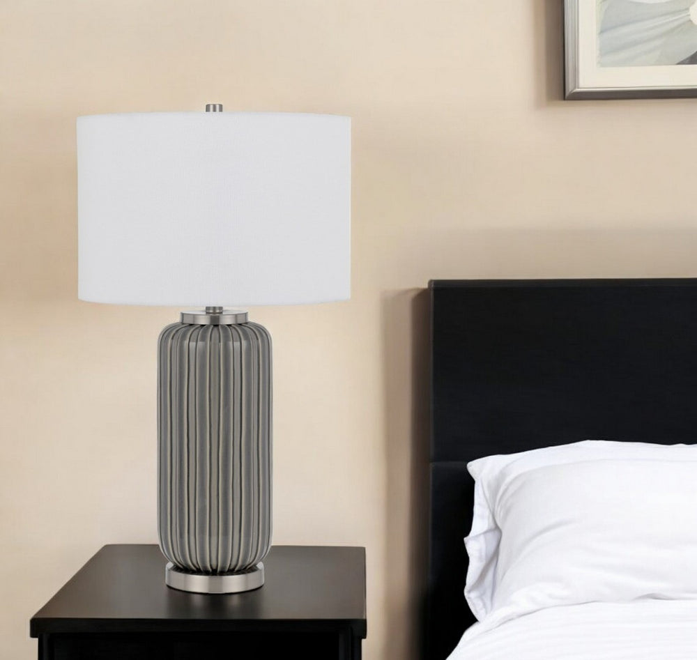 HomeRoots 29" Gray Metal Cylinder Table Lamp with White Drum Shade - Modern Design, Dimmable Light & Versatile Style 524729