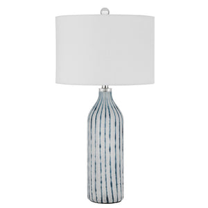 HomeRoots 30" Gray and Aqua Hand-Blown Glass Table Lamp with White Drum Shade for Coastal Chic Decor 524735