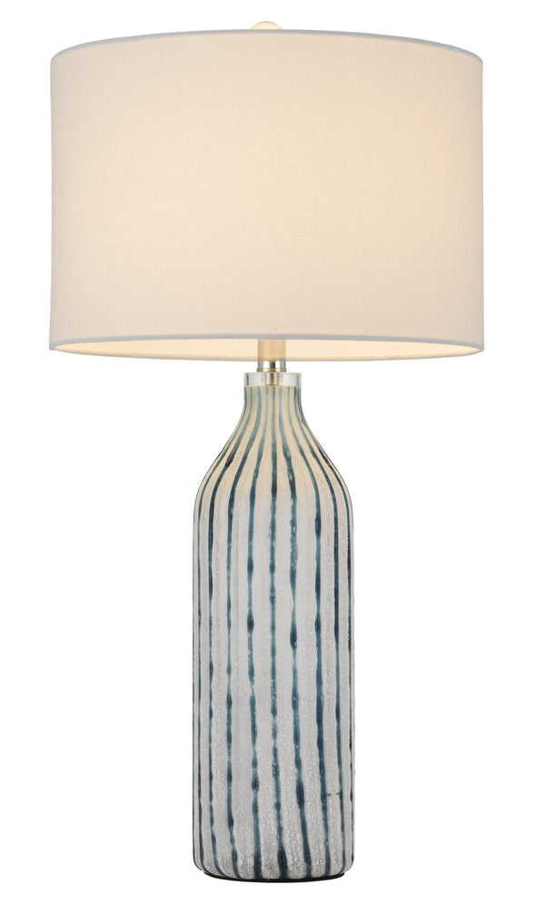 HomeRoots 30" Gray and Aqua Hand-Blown Glass Table Lamp with White Drum Shade for Coastal Chic Decor 524735