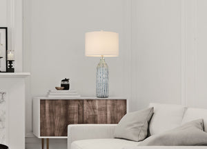 HomeRoots 30" Gray and Aqua Hand-Blown Glass Table Lamp with White Drum Shade for Coastal Chic Decor 524735
