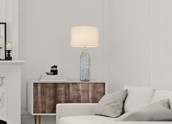 HomeRoots 30" Gray and Aqua Hand-Blown Glass Table Lamp with White Drum Shade for Coastal Chic Decor 524735