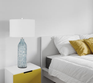 HomeRoots 30" Gray and Aqua Hand-Blown Glass Table Lamp with White Drum Shade for Coastal Chic Decor 524735