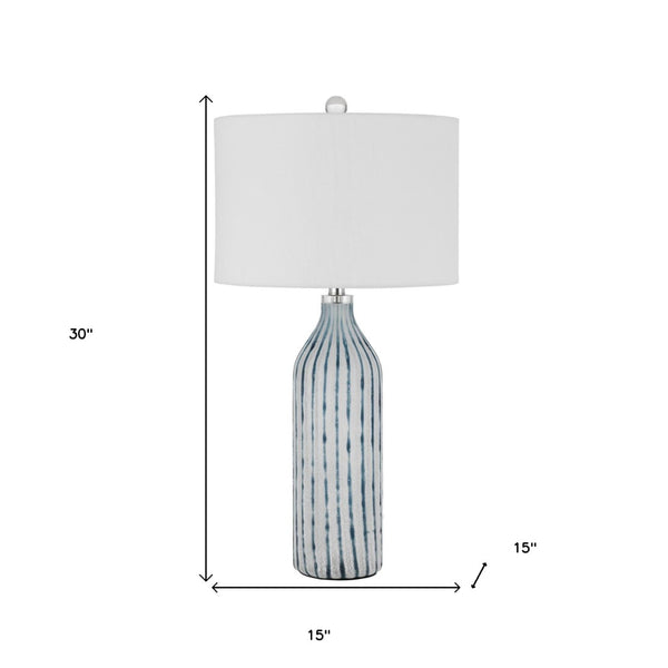 HomeRoots 30" Gray and Aqua Hand-Blown Glass Table Lamp with White Drum Shade for Coastal Chic Decor 524735