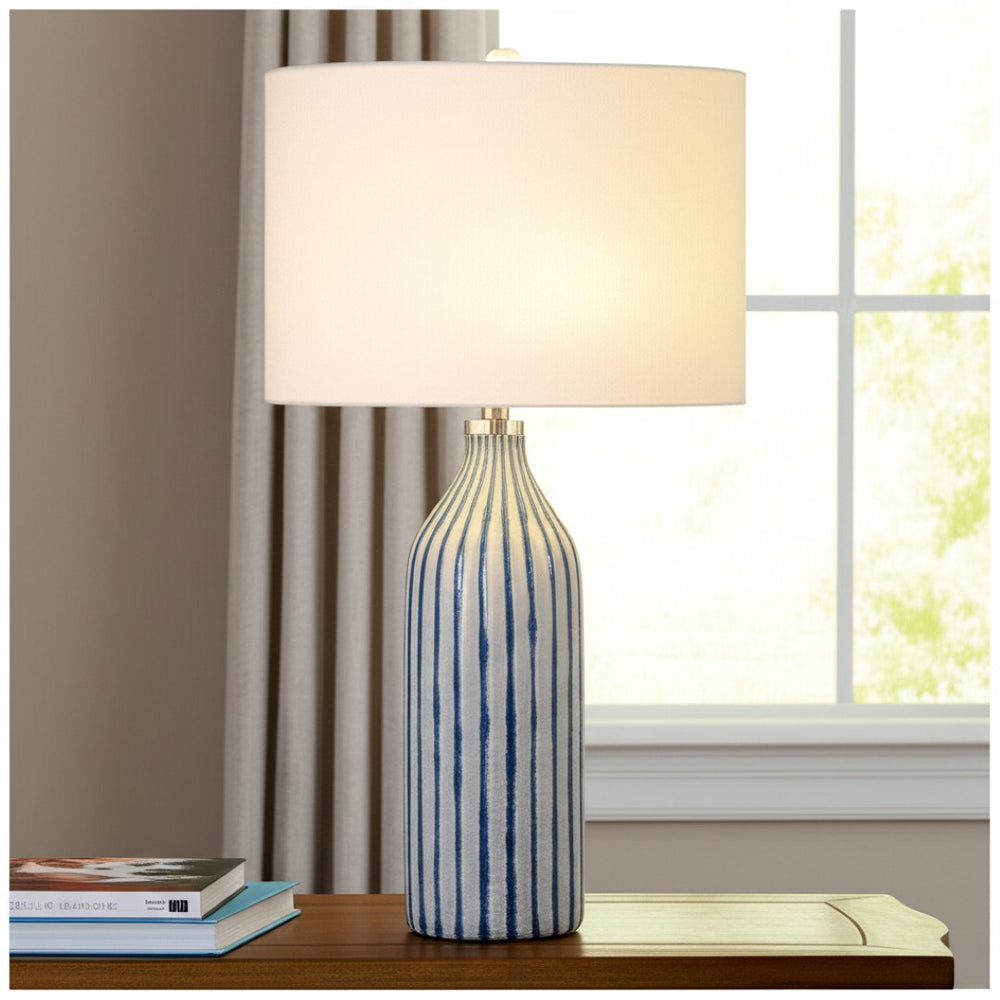 HomeRoots 30" Gray and Aqua Hand-Blown Glass Table Lamp with White Drum Shade for Coastal Chic Decor 524735
