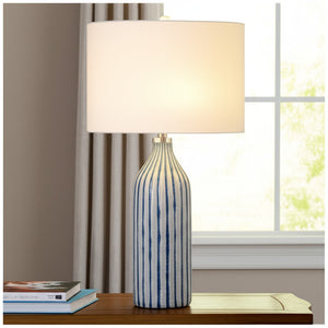 HomeRoots 30" Gray and Aqua Hand-Blown Glass Table Lamp with White Drum Shade for Coastal Chic Decor 524735