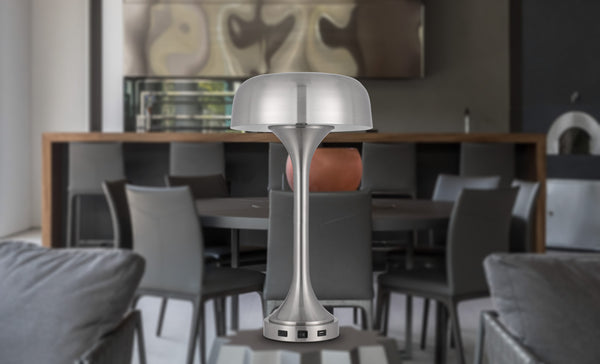 Homeroots 22" Nickel Metal Two Light Usb Table Lamp With Nickel Dome Shade   524740