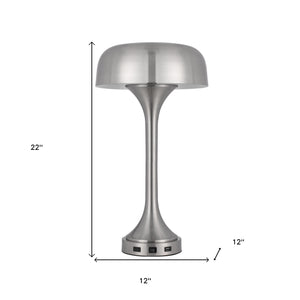 Homeroots 22" Nickel Metal Two Light Usb Table Lamp With Nickel Dome Shade   524740