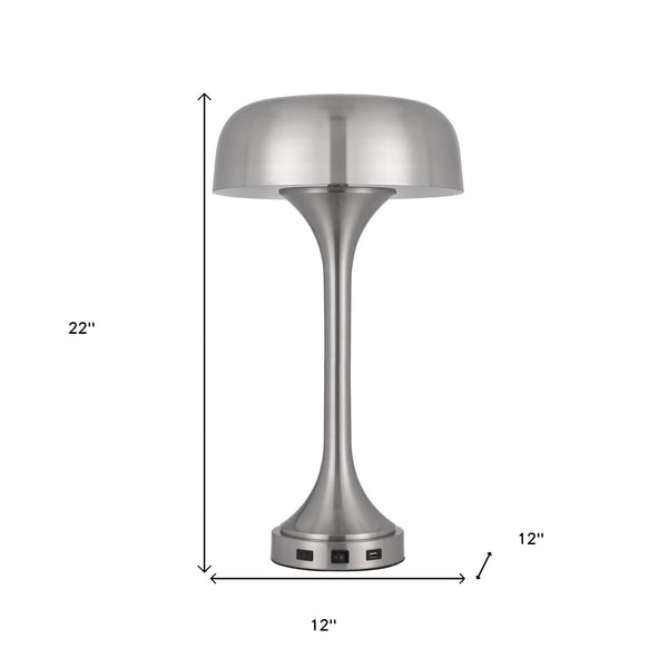 Homeroots 22" Nickel Metal Two Light Usb Table Lamp With Nickel Dome Shade   524740