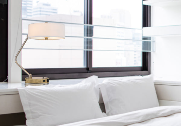 Homeroots 20" Brown Metal Two Light Lantern Desk Usb Table Lamp With White Drum Shade   524743