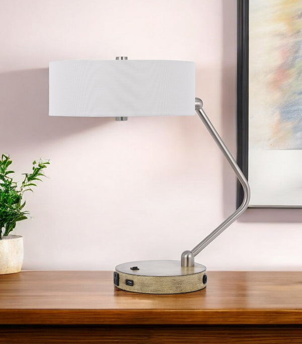 Homeroots 20" Brown Metal Two Light Lantern Desk Usb Table Lamp With White Drum Shade   524743