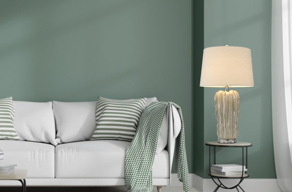 HomeRoots 28" Nickel Glass Table Lamp - Elegant White Empire Shade for Living Rooms & Bedrooms, Dimmable Light 524744