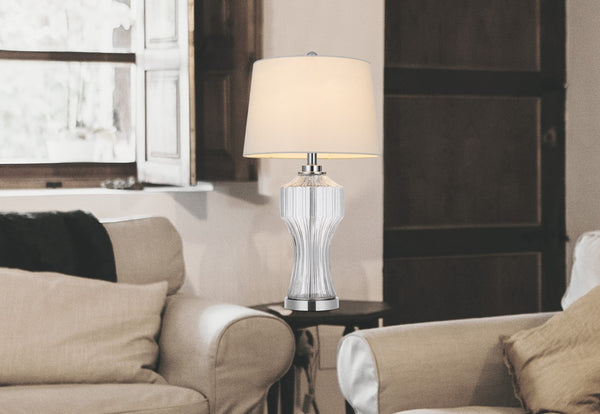 HomeRoots 26" Clear Glass Table Lamp with Elegant White Shade for Timeless Style in Any Room Decor 524745