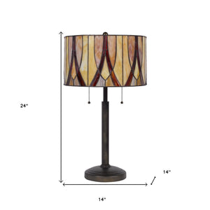 Homeroots 24" Bronze Metal Two Light Table Lamp With Red And Ivory Drum Shade   524748