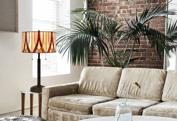 Homeroots 24" Bronze Metal Two Light Table Lamp With Red And Ivory Drum Shade   524748