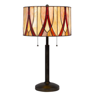 Homeroots 24" Bronze Metal Two Light Table Lamp With Red And Ivory Drum Shade   524748