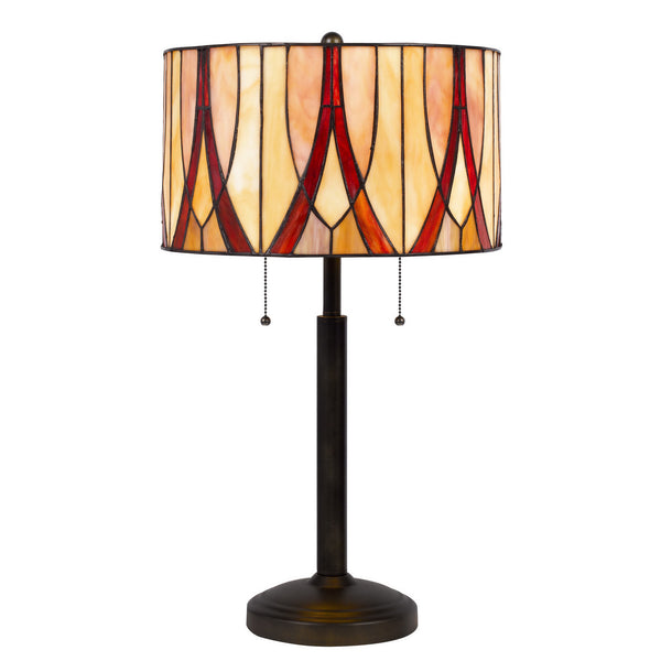 Homeroots 24" Bronze Metal Two Light Table Lamp With Red And Ivory Drum Shade   524748