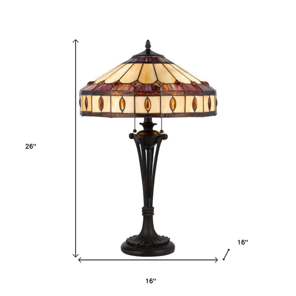 HomeRoots 26" Black Metal Candlestick Table Lamp with Elegant Ivory and Red Dome Shade for Ambient Lighting 524749