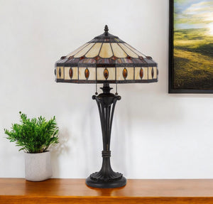 HomeRoots 26" Black Metal Candlestick Table Lamp with Elegant Ivory and Red Dome Shade for Ambient Lighting 524749