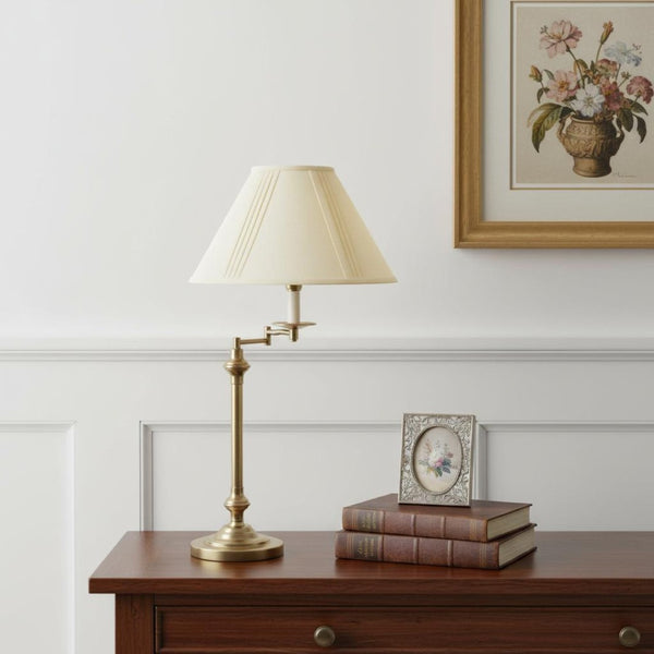 HomeRoots 30" Bronze Metal Swing Arm Table Lamp - Adjustable Off-White Shade for Elegant Lighting Solutions 524750