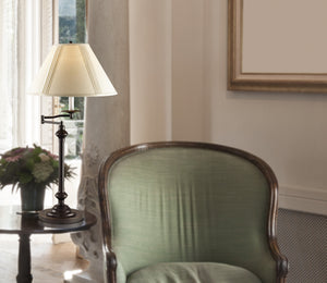 Homeroots 30" Antiqued Bronze Metal Swing Arm Table Lamp With Off White Empire Shade   524751