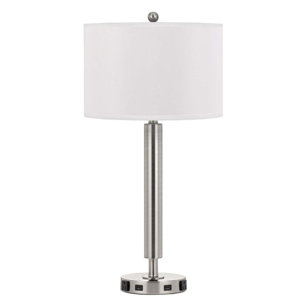 HomeRoots 30" Stylish Nickel Metal Cylinder USB Table Lamp with White Shade for Modern Spaces & Charging 524754