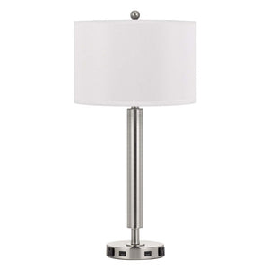 HomeRoots 30" Stylish Nickel Metal Cylinder USB Table Lamp with White Shade for Modern Spaces & Charging 524754