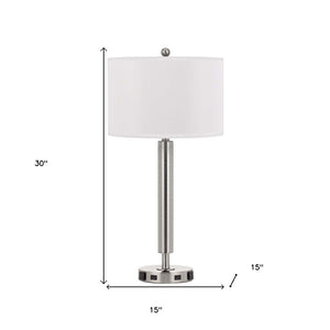 HomeRoots 30" Stylish Nickel Metal Cylinder USB Table Lamp with White Shade for Modern Spaces & Charging 524754