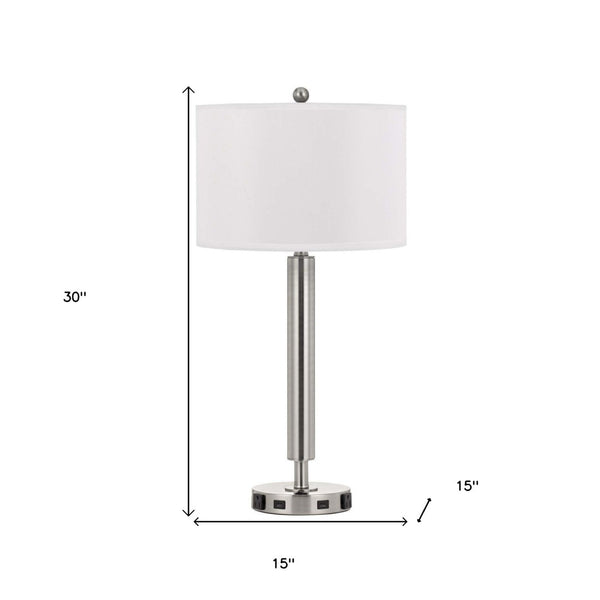 HomeRoots 30" Stylish Nickel Metal Cylinder USB Table Lamp with White Shade for Modern Spaces & Charging 524754