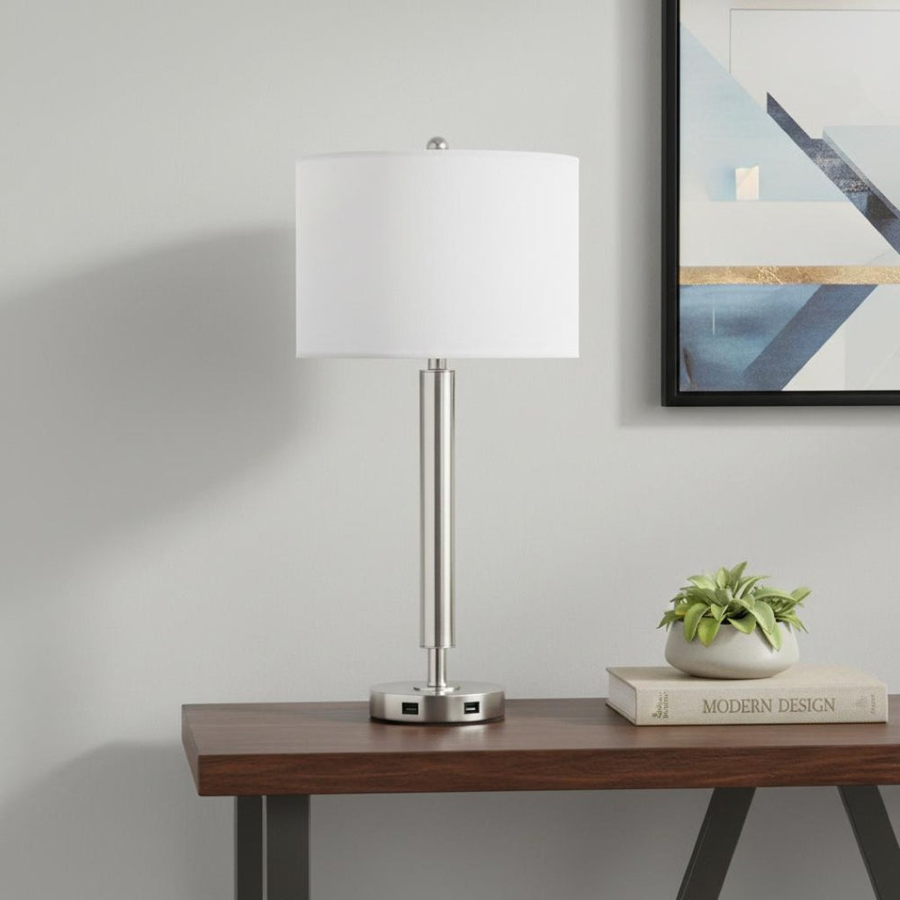 HomeRoots 30" Stylish Nickel Metal Cylinder USB Table Lamp with White Shade for Modern Spaces & Charging 524754