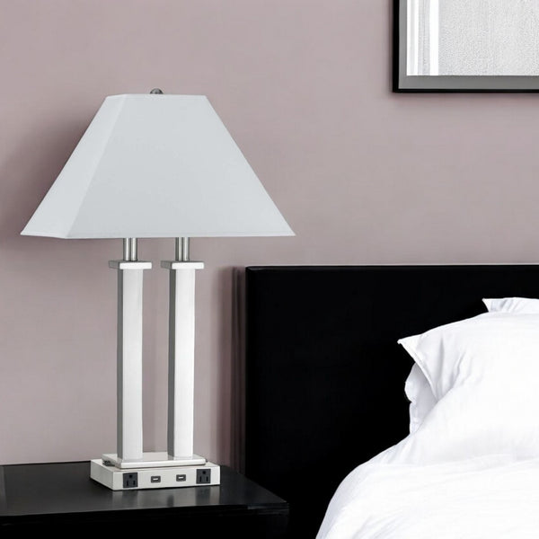 HomeRoots 26" Elegant Nickel Desk Lamp with Dual Lights, White Novelty Shade & USB Port for Modern Workspaces 524756