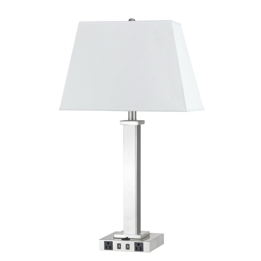 HomeRoots 28" Nickel Metal Table Lamp with White Shade, USB Charging Ports & Modern Design for Any Room 524757
