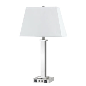 HomeRoots 28" Nickel Metal Table Lamp with White Shade, USB Charging Ports & Modern Design for Any Room 524757