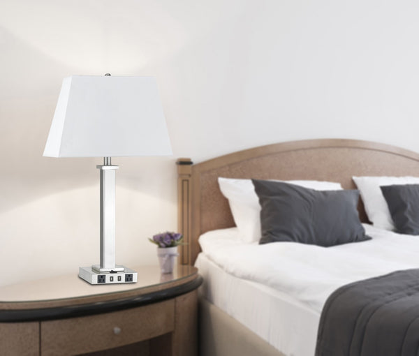 HomeRoots 28" Nickel Metal Table Lamp with White Shade, USB Charging Ports & Modern Design for Any Room 524757