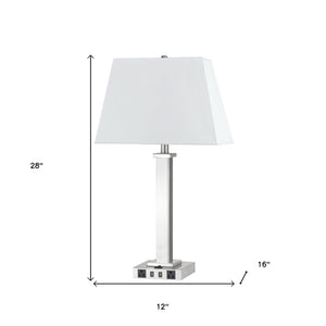 HomeRoots 28" Nickel Metal Table Lamp with White Shade, USB Charging Ports & Modern Design for Any Room 524757