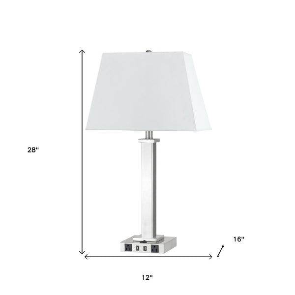 HomeRoots 28" Nickel Metal Table Lamp with White Shade, USB Charging Ports & Modern Design for Any Room 524757