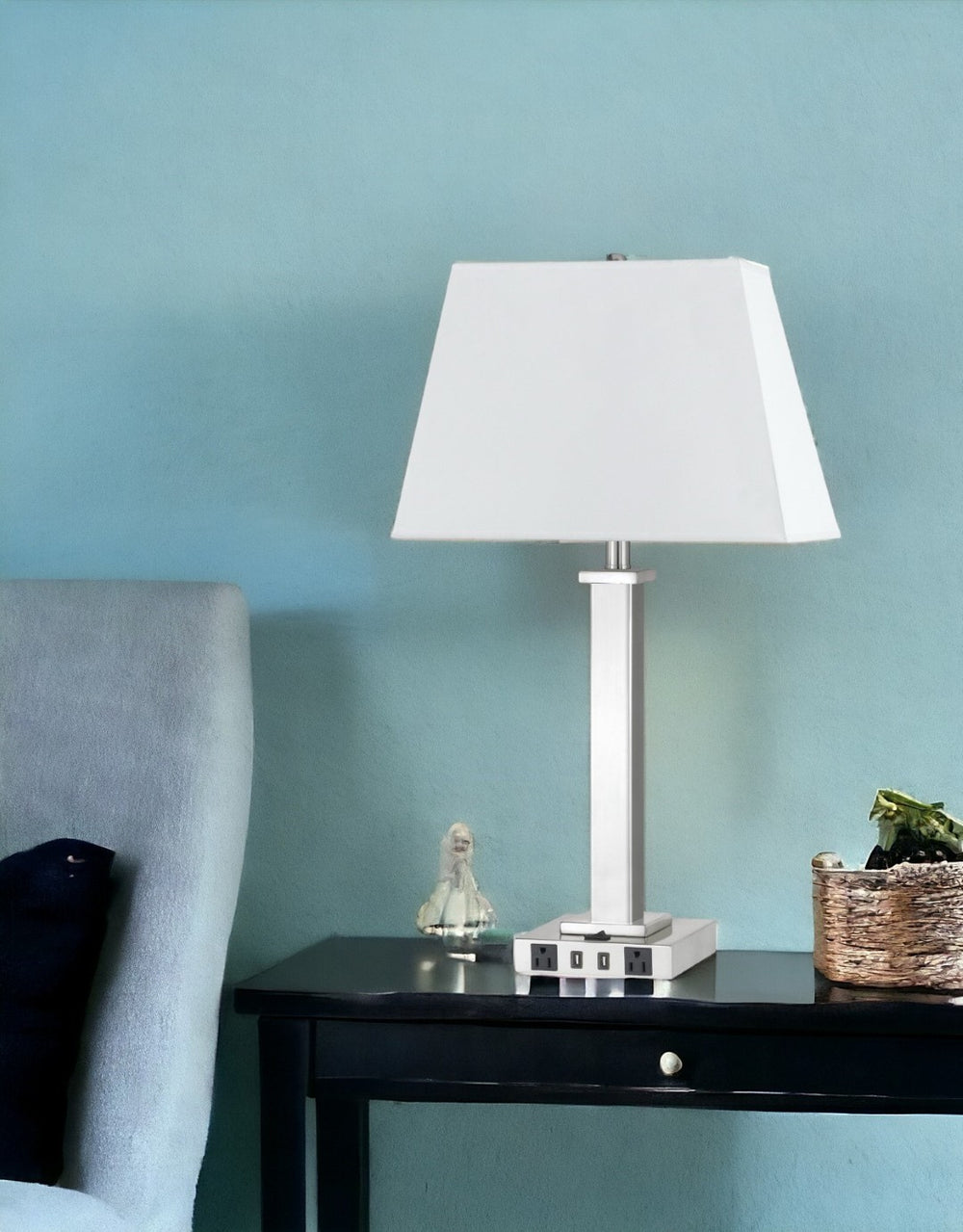 HomeRoots 28" Nickel Metal Table Lamp with White Shade, USB Charging Ports & Modern Design for Any Room 524757