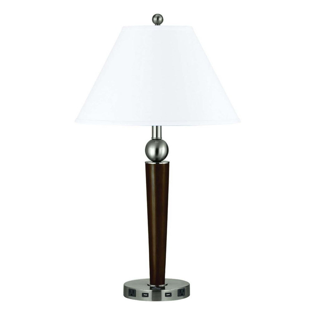 HomeRoots 29" Modern Geometric USB Table Lamp with Polished Nickel Base and White Linen Shade for Any Decor 524758