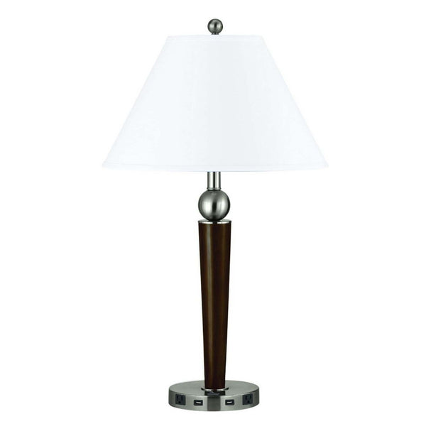 HomeRoots 29" Modern Geometric USB Table Lamp with Polished Nickel Base and White Linen Shade for Any Decor 524758