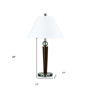 HomeRoots 29" Modern Geometric USB Table Lamp with Polished Nickel Base and White Linen Shade for Any Decor 524758