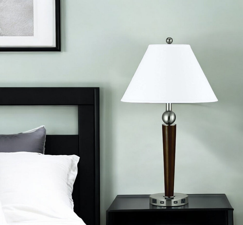 HomeRoots 29" Modern Geometric USB Table Lamp with Polished Nickel Base and White Linen Shade for Any Decor 524758