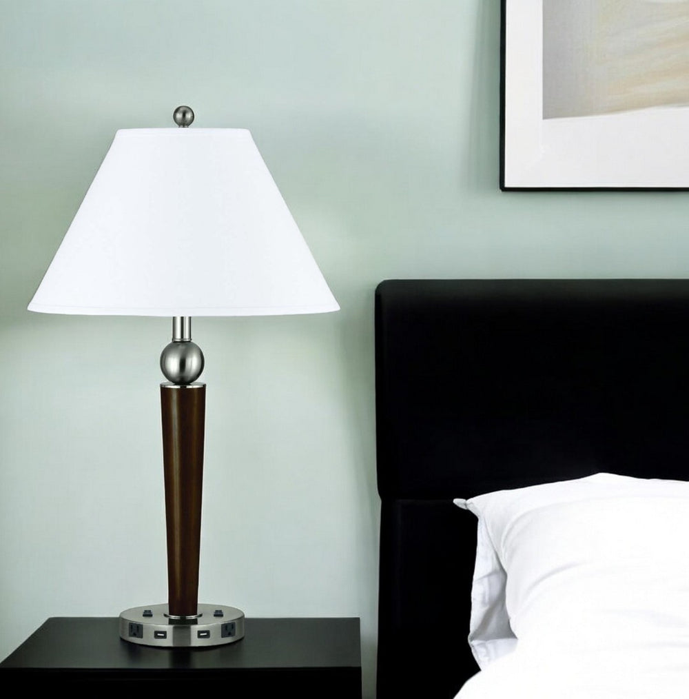 HomeRoots 29" Modern Nickel Metal USB Table Lamp with Adjustable Arm & Elegant White Empire Shade Design 524759