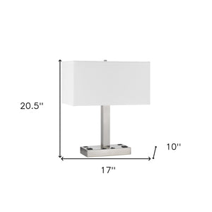 Homeroots 21" Nickel Metal Two Light Desk Usb Table Lamp With White Shade   524760