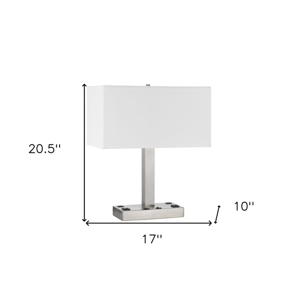 Homeroots 21" Nickel Metal Two Light Desk Usb Table Lamp With White Shade   524760