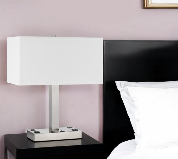 Homeroots 21" Nickel Metal Two Light Desk Usb Table Lamp With White Shade   524760