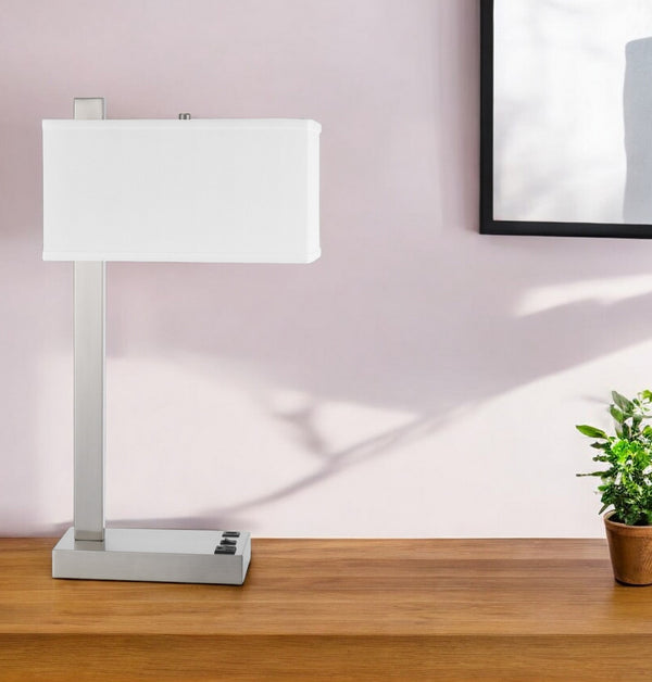 Homeroots 25" Nickel Metal Desk Usb Table Lamp With White Shade   524761